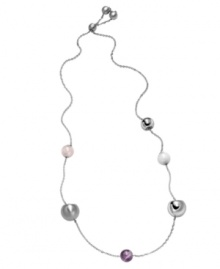 Modern art. With adjustable spheres, Breil's striking silver tone Chaos necklace conveys contemporary style at its best. Crafted in stainless steel with natural stone accents in white, rose and purple. Approximate length: 28 inches. Modern art. With adjustable spheres, Breil's striking silver tone Chaos necklace conveys contemporary style at its best. Crafted in stainless steel with natural stone accents in white, rose and purple. Approximate length: 28 inches.
