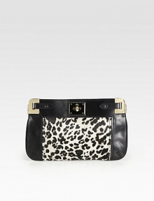 Abstract animal print hair calf and supple leather with goldtone hardware.Detachable chain shoulder strap, 11½ dropTurnlock closureOne inside zip pocketTwo inside open pocketsSatin lining13¼W X 8¼H X ¾DImported Abstract animal print hair calf and supple leather with goldtone hardware.Detachable chain shoulder strap, 11½ dropTurnlock closureOne inside zip pocketTwo inside open pocketsSatin lining13¼W X 8¼H X ¾DImported