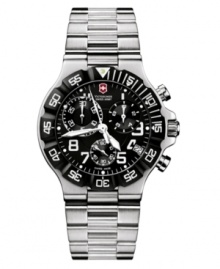 You'll love this top-quality timepiece by Victorinox Swiss Army. Stainless steel bracelet with diver extension and round case with screw-in case back. Unidirectional rotating bezel with second markers. Chronograph black dial with logo, date window, white numerals and three subdials. Swiss movement. Swiss made. Water resistant to 100 meters. Three-year limited warranty. You'll love this top-quality timepiece by Victorinox Swiss Army. Stainless steel bracelet with diver extension and round case with screw-in case back. Unidirectional rotating bezel with second markers. Chronograph black dial with logo, date window, white numerals and three subdials. Swiss movement. Swiss made. Water resistant to 100 meters. Three-year limited warranty.