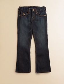 Dark wash denim with subtle whiskering, decorative contrast stitching with snake eyes pocket detail and slight fading on the thighs in a classic bootcut silhouette.Front snap closureAdjustable waistband with belt loopsZip flyFive-pocket styleCottonMachine washImported Dark wash denim with subtle whiskering, decorative contrast stitching with snake eyes pocket detail and slight fading on the thighs in a classic bootcut silhouette.Front snap closureAdjustable waistband with belt loopsZip flyFive-pocket styleCottonMachine washImported