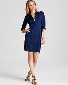 In a sapphire jewel tone, this Vince shirt dress celebrates easy chic, designed in luxe stretch silk and belted for an always flattering silhouette. In a sapphire jewel tone, this Vince shirt dress celebrates easy chic, designed in luxe stretch silk and belted for an always flattering silhouette.