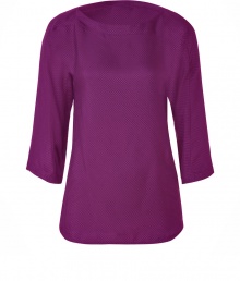 Understated, feminine style is yours with this purple tunic of pure, textured silk - Narrow waist with wide, round neck and 3/4-length sleeves - Cut is slightly longer at back and front - Favorite top for business with black suit pants and peep toe heels, or for an evening out with leather pants, tube skirts or skinny jeans and sandals Understated, feminine style is yours with this purple tunic of pure, textured silk - Narrow waist with wide, round neck and 3/4-length sleeves - Cut is slightly longer at back and front - Favorite top for business with black suit pants and peep toe heels, or for an evening out with leather pants, tube skirts or skinny jeans and sandals