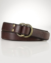 A nod to vintage work-wear, this burnished leather belt features an oxidized brass double-ring closure for vintage appeal. A nod to vintage work-wear, this burnished leather belt features an oxidized brass double-ring closure for vintage appeal.