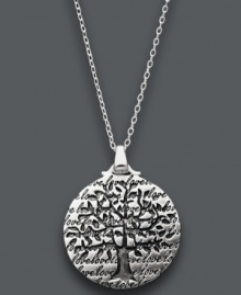 Keep family close to your heart always. This symbolic tree pendant features the words The Roots of a Family Tree Begin with the Love of Two Hearts engraved on the surface. Crafted in sterling silver. Approximate length: 16 inches. Approximate drop: 1 inch. Keep family close to your heart always. This symbolic tree pendant features the words The Roots of a Family Tree Begin with the Love of Two Hearts engraved on the surface. Crafted in sterling silver. Approximate length: 16 inches. Approximate drop: 1 inch.