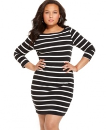 Strut your stuff in stripes with Soprano's three-quarter sleeve plus size dress-- it's so on-trend for the season! Strut your stuff in stripes with Soprano's three-quarter sleeve plus size dress-- it's so on-trend for the season!