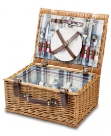 With a classic willow design and plaid lining, the Bristol picnic basket has all the makings of a delightful summer afternoon. Service for two – including plates, flatware and more – is secured inside the lid, leaving plenty of room for food.
