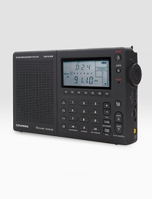 An all-inclusive travel tool for world travelers and campers alike. Digital AM/LW/FM and shortwave tuner Dual-conversion digital tuner with LCD display Call letters/artist/song title display for FM Telescopic antenna Line-in/out 700 randomly programmable memories for all frequencies Clock, sleep, alarm, time zone functions Antenna jack Battery powered 6¾W X 4¼H X 1D Imported An all-inclusive travel tool for world travelers and campers alike. Digital AM/LW/FM and shortwave tuner Dual-conversion digital tuner with LCD display Call letters/artist/song title display for FM Telescopic antenna Line-in/out 700 randomly programmable memories for all frequencies Clock, sleep, alarm, time zone functions Antenna jack Battery powered 6¾W X 4¼H X 1D Imported