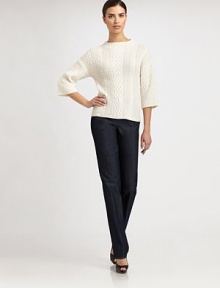 This crisp, clean straight-leg silhouette is rendered in lightweight stretch denim.Self waistbandZip flyInseam, about 3277% cotton/33% elasterelleDry cleanMade in USA of Italian fabricModel shown is 5'11 (180cm) wearing US size 4. This crisp, clean straight-leg silhouette is rendered in lightweight stretch denim.Self waistbandZip flyInseam, about 3277% cotton/33% elasterelleDry cleanMade in USA of Italian fabricModel shown is 5'11 (180cm) wearing US size 4.