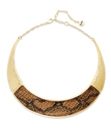 Slithering sophistication. Alfani's exotic-chic collar necklace features a modern curved design with brown python-embossing, set in gold-tone mixed metal. Approximate length: 16 inches + 3-inch extender. Approximate drop length: 4-1/2 inches. Approximate drop width: 5-1/2 inches. Slithering sophistication. Alfani's exotic-chic collar necklace features a modern curved design with brown python-embossing, set in gold-tone mixed metal. Approximate length: 16 inches + 3-inch extender. Approximate drop length: 4-1/2 inches. Approximate drop width: 5-1/2 inches.