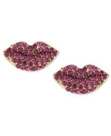 Style worthy of a smooch. Betsey Johnson's stud earrings bring lip-puckering sass with pink crystal accents. Crafted in antiqued gold tone mixed metal. Approximate drop: 1/3 inch. Style worthy of a smooch. Betsey Johnson's stud earrings bring lip-puckering sass with pink crystal accents. Crafted in antiqued gold tone mixed metal. Approximate drop: 1/3 inch.