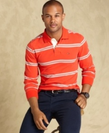 Hit your stride with horizontal stripes on this slim fit rugby shirt from Tommy Hilfiger.