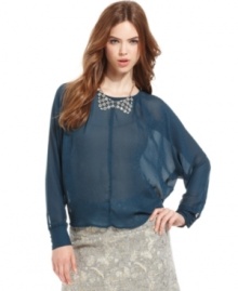 A lace inset and keyhole at back add eye-catching appeal to this printed RACHEL Rachel Roy chiffon blouse -- perfect for chic fall style! A lace inset and keyhole at back add eye-catching appeal to this printed RACHEL Rachel Roy chiffon blouse -- perfect for chic fall style!