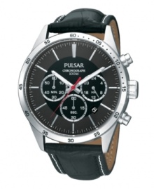 Achieve stately style with this masculine chronograph watch by Pulsar. Black croc-embossed leather strap with contrast stitching and round stainless steel case with black numerals at bezel. Black chronograph dial features applied silver tone stick indices, white minute track, date window, three subdials, luminous hour and minute hands, red second hand and logo. Quartz movement. Water resistant to 100 meters. Three-year limited warranty. Achieve stately style with this masculine chronograph watch by Pulsar. Black croc-embossed leather strap with contrast stitching and round stainless steel case with black numerals at bezel. Black chronograph dial features applied silver tone stick indices, white minute track, date window, three subdials, luminous hour and minute hands, red second hand and logo. Quartz movement. Water resistant to 100 meters. Three-year limited warranty.