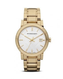 Burberry Gold Bracelet Watch with Check Etching, 38mm Burberry Gold Bracelet Watch with Check Etching, 38mm