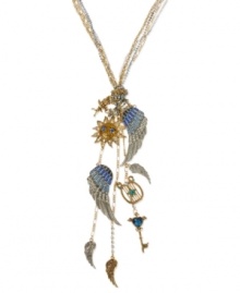 Take a flight of fancy with this Y-shaped necklace from Betsey Johnson. Crafted from antique gold- and silver-tone mixed metal, the chains are adorned with charms featuring gold-tone details and glass stones. Approximate length: 25 inches + 3-inch extender. Approximate drop: 8-1/4 inches. Take a flight of fancy with this Y-shaped necklace from Betsey Johnson. Crafted from antique gold- and silver-tone mixed metal, the chains are adorned with charms featuring gold-tone details and glass stones. Approximate length: 25 inches + 3-inch extender. Approximate drop: 8-1/4 inches.