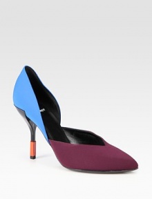 Smooth two-tone neoprene point toe pump with a contrasting colorblock heel. Lacquered and metal heel, 3¾ (95mm)Neoprene upperPoint toeLeather lining and solePadded insoleMade in Italy Smooth two-tone neoprene point toe pump with a contrasting colorblock heel. Lacquered and metal heel, 3¾ (95mm)Neoprene upperPoint toeLeather lining and solePadded insoleMade in Italy