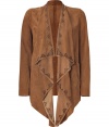 With its dramatic drape and luxe laser-cut brown lamb suede, Seven for all Mankinds open jacket is a sartorial choice for dressing up trend-conscious looks - Collarless, draped open front, long sleeves, laser-cut front trim, front patch pockets - Fitted - Wear with tissue-soft tops and sleek skinnies