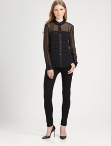 Body-skimming pleats and a contrasting Peter Pan collar renew this lengthy, semi-sheer silk shirt. Peter Pan collarButton frontLong sleeves with buttoned cuffsShirttail hem hits below the hipsSilkDry cleanImportedModel shown is 5'10 (177cm) wearing US size Small. Body-skimming pleats and a contrasting Peter Pan collar renew this lengthy, semi-sheer silk shirt. Peter Pan collarButton frontLong sleeves with buttoned cuffsShirttail hem hits below the hipsSilkDry cleanImportedModel shown is 5'10 (177cm) wearing US size Small.