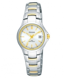 Double the appeal with this golden two-tone timepiece from Pulsar. Crafted of stainless steel bracelet with gold-tone accents and round case. Silver-tone dial with logo at twelve o'clock, gold-tone applied indices at markers, minute track, three hands and date window at three o'clock. Quartz movement. Water resistant to 50 meters. Three-year limited warranty. Double the appeal with this golden two-tone timepiece from Pulsar. Crafted of stainless steel bracelet with gold-tone accents and round case. Silver-tone dial with logo at twelve o'clock, gold-tone applied indices at markers, minute track, three hands and date window at three o'clock. Quartz movement. Water resistant to 50 meters. Three-year limited warranty.