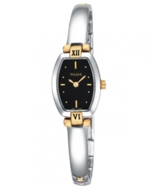 A unique design from Pulsar by Seiko, this bangle watch doubles as a jewelry accessory. Stainless steel bangle bracelet and cushion-shaped case with goldtone accents. Bezel features black Roman numeral twelve at top and six at bottom. Black dial features goldtone stick indices and dot markers, two hands and logo. Quartz movement. Water resistant to 30 meters. Three-year limited warranty. A unique design from Pulsar by Seiko, this bangle watch doubles as a jewelry accessory. Stainless steel bangle bracelet and cushion-shaped case with goldtone accents. Bezel features black Roman numeral twelve at top and six at bottom. Black dial features goldtone stick indices and dot markers, two hands and logo. Quartz movement. Water resistant to 30 meters. Three-year limited warranty.