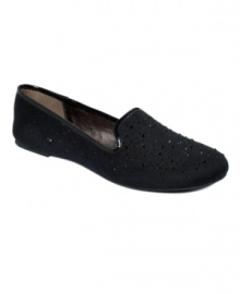 A glamorous take on an old-school style. The Smokey flats by Material Girl are a rhinestone-covered version of classic, leisure loving smoking slippers. A glamorous take on an old-school style. The Smokey flats by Material Girl are a rhinestone-covered version of classic, leisure loving smoking slippers.