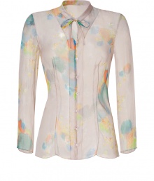 Inject ladylike luxe to your day look with this chic sheer blouse from Cacharel - Stand collar with tie neck, front button placket, long sleeve, tailored flared fit, all-over print, semi-sheer - Wear with cropped trousers, a blazer, and platform pumps Inject ladylike luxe to your day look with this chic sheer blouse from Cacharel - Stand collar with tie neck, front button placket, long sleeve, tailored flared fit, all-over print, semi-sheer - Wear with cropped trousers, a blazer, and platform pumps