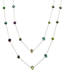 Go to great lengths with your style. This illusion necklace from c.A.K.e. by Ali Khan strings colorful glass rondelle beads (10/12 mm) on an extra long two-row chain. Crafted in gold tone mixed metal. Approximate length: 60 inches. Go to great lengths with your style. This illusion necklace from c.A.K.e. by Ali Khan strings colorful glass rondelle beads (10/12 mm) on an extra long two-row chain. Crafted in gold tone mixed metal. Approximate length: 60 inches.