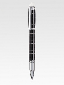 Smooth Fineliner with spring mechanism at tip, accented by diamond-cut lines and barrel and cap made of precious metal and rubber.FinelinerUses Fineliner and Rollerball refillsPlatinum-plated clipEmbossed logo emblemMetal and rubberAbout 5½ longMade in Germany