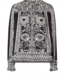 Sophisticated black and cream tunic top from Anna Sui - A sleek A-line cut and Mexican-inspired print brings heightened style to this tunic - Black and white ribbon-like print, long sleeves, high neckline, shirred and ruffled sleeves - Pair with wide-legged trousers, a blazer, and heels Sophisticated black and cream tunic top from Anna Sui - A sleek A-line cut and Mexican-inspired print brings heightened style to this tunic - Black and white ribbon-like print, long sleeves, high neckline, shirred and ruffled sleeves - Pair with wide-legged trousers, a blazer, and heels