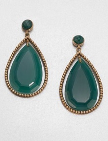 Elegant pear-shaped green agate with a bronze frame inspired by the designer's love of nature's bounty. Green agateBronzeDrop, about 2.25Post backMade in USA