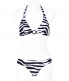 Make a stylish splash in this ultra-luxe halter bikini from D&G Dolce & Gabbana - Classic halter top with front ring and back tie closure, tie-detailed bottoms, all-over zebra print - Wear with a sheer caftan and wedge sandals