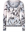 With a vivid flower print and super soft jersey, Emilio Puccis scoop neck top is as contemporary as it is chic - Scoop neckline, long sleeves, contrast print trim - Form-fitting - Wear with solid separates and bright flats