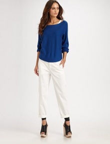 Boyfriend-inspired favorite in a cotton blend with a rolled hem and touch of stretch. Button frontZip flySlash pocketsBack besom pocketsInseam, about 2998% cotton/2% elastaneDry cleanMade in USA of French fabric Boyfriend-inspired favorite in a cotton blend with a rolled hem and touch of stretch. Button frontZip flySlash pocketsBack besom pocketsInseam, about 2998% cotton/2% elastaneDry cleanMade in USA of French fabric