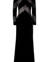 Embody covetable glamour in this stunning velvet gown from Valentino - Round neck, long sleeves, lace cut outs at bodice and sleeves, dramatic floor-length, slightly longer back hem, concealed back zip closure - Wear with platform heels and an evening clutch