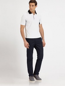 Ideal for casual Fridays or weekend wear, this tailored classic is cut from superior jersey cotton for added shape and comfort.Flat-front styleSide slash, back welt pocketsInseam, about 3390% cotton/10% polyesterDry cleanImported Ideal for casual Fridays or weekend wear, this tailored classic is cut from superior jersey cotton for added shape and comfort.Flat-front styleSide slash, back welt pocketsInseam, about 3390% cotton/10% polyesterDry cleanImported