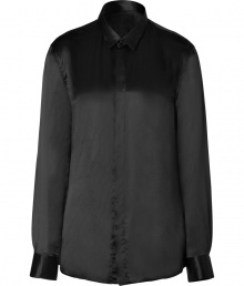 Slink into new season sophistication in Each Others jet black washed silk blouse - Classic collar, long sleeves, buttoned cuffs, hidden button-down front, pleated back - Easy straight fit - Tuck into pencil skirts, or layer over trend-favorite leather leggings Slink into new season sophistication in Each Others jet black washed silk blouse - Classic collar, long sleeves, buttoned cuffs, hidden button-down front, pleated back - Easy straight fit - Tuck into pencil skirts, or layer over trend-favorite leather leggings