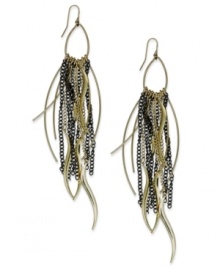 Linear accents of two-tone metal create a captivating earring design from Bar III. Crafted in antiqued gold tone mixed metal. Approximate drop: 4-3/4 inches. Linear accents of two-tone metal create a captivating earring design from Bar III. Crafted in antiqued gold tone mixed metal. Approximate drop: 4-3/4 inches.
