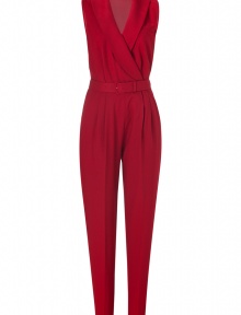 A contemporary-chic choice guaranteed to make an impact, Rachel Zoes rich red jumpsuit radiates modern glamour - Shawl lapel, sleeveless, button closure at waist, elasticized waistband, side slit pockets, pleated front, tapered legs, belted waistline, sheer back - Softly tailored fit - Wear with a fur coat and heels A contemporary-chic choice guaranteed to make an impact, Rachel Zoes rich red jumpsuit radiates modern glamour - Shawl lapel, sleeveless, button closure at waist, elasticized waistband, side slit pockets, pleated front, tapered legs, belted waistline, sheer back - Softly tailored fit - Wear with a fur coat and heels
