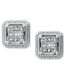 Princess-cut perfection. These square stud earrings are highlighted by sparkling, round-cut diamonds (1/3 ct. t.w.) in 14k white gold. Approximate diameter: 3/10 inch. Princess-cut perfection. These square stud earrings are highlighted by sparkling, round-cut diamonds (1/3 ct. t.w.) in 14k white gold. Approximate diameter: 3/10 inch.