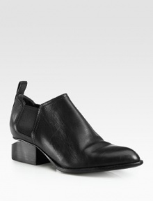 A metal cutout heel modernizes this sleek leather ankle boot with elastic panels for easy on and off access. Stacked heel with metal cutout, 1½ (40mm)Leather upper with elastic panelsPull-on styleLeather lining and solePadded insoleImported A metal cutout heel modernizes this sleek leather ankle boot with elastic panels for easy on and off access. Stacked heel with metal cutout, 1½ (40mm)Leather upper with elastic panelsPull-on styleLeather lining and solePadded insoleImported