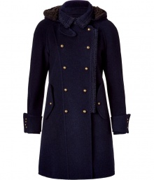 Luxurious coat of fine, dark blue heathered wool - Mega trendy, feminine interpreted uniform style - Double breasted with a hood, cuffs and flap pockets - Decorative gold buttons underline the look - The cut is snug (but not too tight) with a slightly fitted waist, thigh length - Elegant, stylish, modern, a real fashion hit - Pair with jeans, skinny pants or a chic dress Luxurious coat of fine, dark blue heathered wool - Mega trendy, feminine interpreted uniform style - Double breasted with a hood, cuffs and flap pockets - Decorative gold buttons underline the look - The cut is snug (but not too tight) with a slightly fitted waist, thigh length - Elegant, stylish, modern, a real fashion hit - Pair with jeans, skinny pants or a chic dress