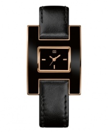 Bold and ultra-elegant timepiece from Tommy Hilfiger. Watch crafted of black calf leather strap and rectangular black enamel and rose-gold tone stainless steel case. Black dial features rose-gold tone applied stick indices and three hands. Quartz movement. Water resistant to 30 meters. Ten-year limited warranty. Bold and ultra-elegant timepiece from Tommy Hilfiger. Watch crafted of black calf leather strap and rectangular black enamel and rose-gold tone stainless steel case. Black dial features rose-gold tone applied stick indices and three hands. Quartz movement. Water resistant to 30 meters. Ten-year limited warranty.
