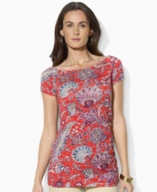 Effortlessly chic with a ballet neckline and cap sleeves, this Lauren by Ralph Lauren top is crafted from soft stretch jersey with elegant shirring at the left for a feminine finish. Effortlessly chic with a ballet neckline and cap sleeves, this Lauren by Ralph Lauren top is crafted from soft stretch jersey with elegant shirring at the left for a feminine finish.