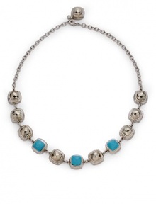 THE LOOKRhodium chain and cushion cut details Cushion cut reconstructed turquoise accentsLobster claspTHE MEASUREMENTLength, about 24ORIGINMade in USA THE LOOKRhodium chain and cushion cut details Cushion cut reconstructed turquoise accentsLobster claspTHE MEASUREMENTLength, about 24ORIGINMade in USA