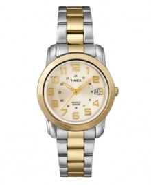 Perfect for every day and every occasion. Classic watch by Timex crafted of two-tone stainless steel bracelet and round mixed metal case. Champagne dial features applied gold tone numerals at markers, military time, date window at three o'clock, three hands and logo. Quartz movement. Water resistant to 50 meters. One-year limited warranty. Perfect for every day and every occasion. Classic watch by Timex crafted of two-tone stainless steel bracelet and round mixed metal case. Champagne dial features applied gold tone numerals at markers, military time, date window at three o'clock, three hands and logo. Quartz movement. Water resistant to 50 meters. One-year limited warranty.