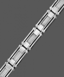 Industrial chic. Finely sculptured style adds the perfect accent to your look. Men's bracelet comes in stainless steel with a sterling silver mesh inlay. Approximate length: 8-1/2 inches. Industrial chic. Finely sculptured style adds the perfect accent to your look. Men's bracelet comes in stainless steel with a sterling silver mesh inlay. Approximate length: 8-1/2 inches.
