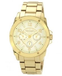 This menswear-inspired watch from Vince Camuto incorporates versatility with golden fashion. This menswear-inspired watch from Vince Camuto incorporates versatility with golden fashion.