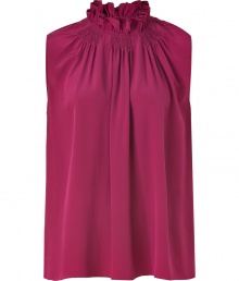 Conjure Parisian cool with this elegant and ultra-feminine, raspberry-hued Vanessa Bruno blouse - Crafted from a sumptuously soft, pure silk - Slim-cut sleeveless style with gently pleated front and gathered stand-up collar - Polished and chic, seamlessly transitions from work to weekend - Pair with a pencil skirt or suit trousers by day, and with skinny denim or leather pants by night Conjure Parisian cool with this elegant and ultra-feminine, raspberry-hued Vanessa Bruno blouse - Crafted from a sumptuously soft, pure silk - Slim-cut sleeveless style with gently pleated front and gathered stand-up collar - Polished and chic, seamlessly transitions from work to weekend - Pair with a pencil skirt or suit trousers by day, and with skinny denim or leather pants by night