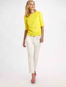 Cheerful, brightly-hued jacquard, tailored in a flattering silhouette with buttons down the back.Jewel necklineBreast welt pocketElbow-length sleeves with buttonsConcealed back button closures57% linen/43% cottonDry cleanMade in Italy of imported fabricModel shown is 5'11 (180cm) wearing US size 4. Cheerful, brightly-hued jacquard, tailored in a flattering silhouette with buttons down the back.Jewel necklineBreast welt pocketElbow-length sleeves with buttonsConcealed back button closures57% linen/43% cottonDry cleanMade in Italy of imported fabricModel shown is 5'11 (180cm) wearing US size 4.