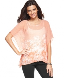 In a sheer floral-printed fabric, this poncho-style Alfani top is a hot spring layering piece! In a sheer floral-printed fabric, this poncho-style Alfani top is a hot spring layering piece!
